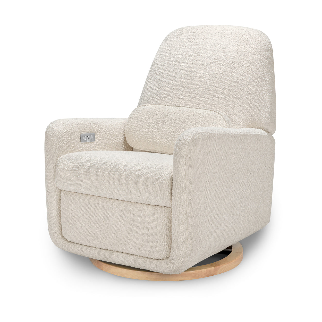 M23688WB,Arc Glider Recliner w/ Electronic Control and USB in Ivory Boucle w/ Light Wood Base