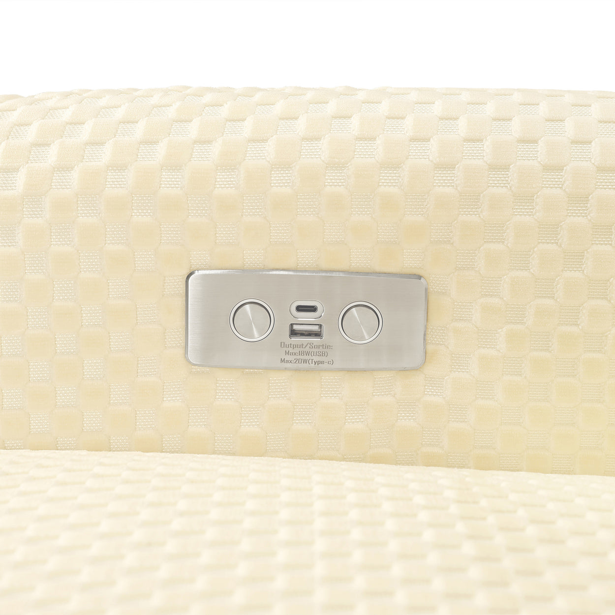 M23688IVCL,Arc Glider Recliner w/ Electronic Control and USB in Ivory Velvet Checker w/ Light Wood Base