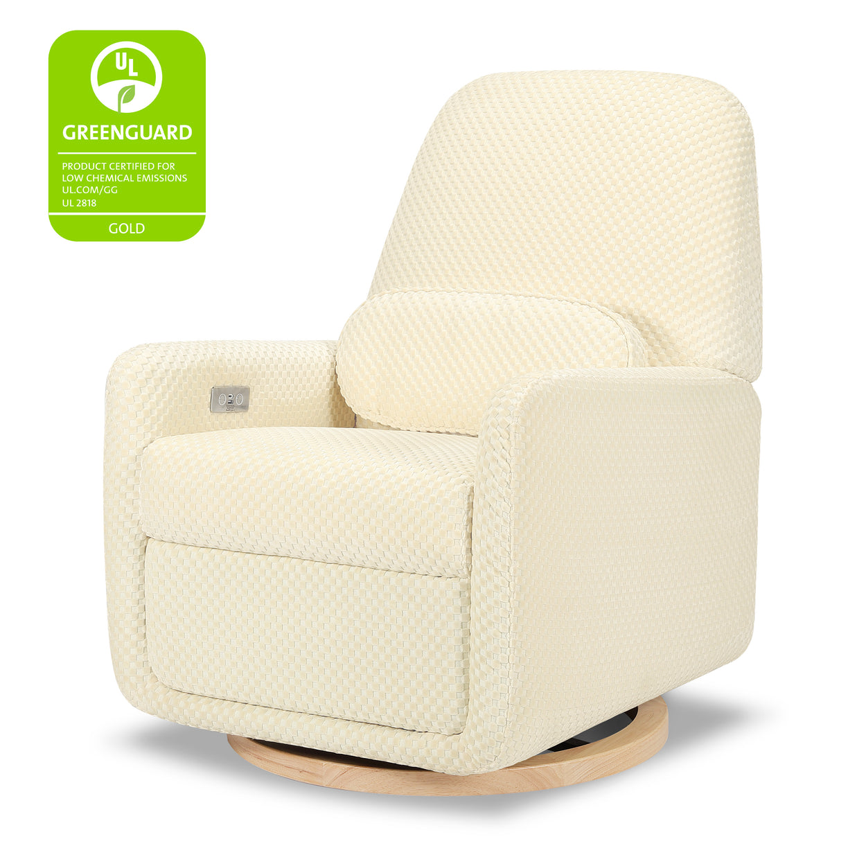 M23688IVCL,Arc Glider Recliner w/ Electronic Control and USB in Ivory Velvet Checker w/ Light Wood Base