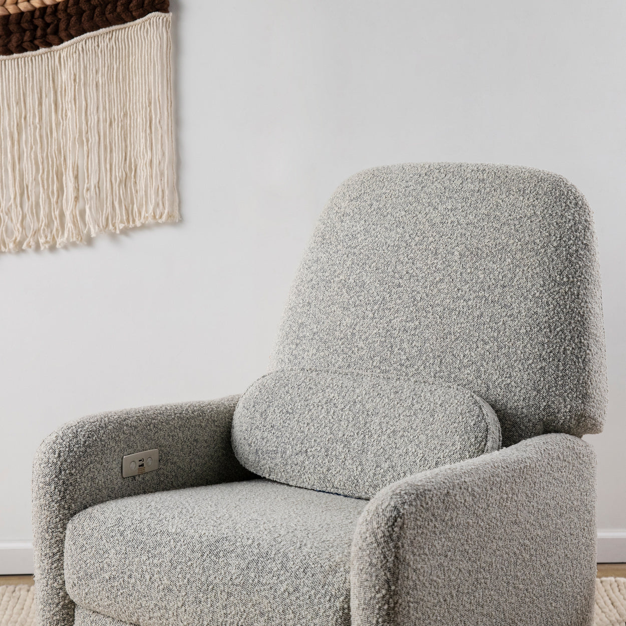 M23688BWB,Arc Glider Recliner w/ Electronic Control and USB in Black White Boucle w/ Light Wood Base