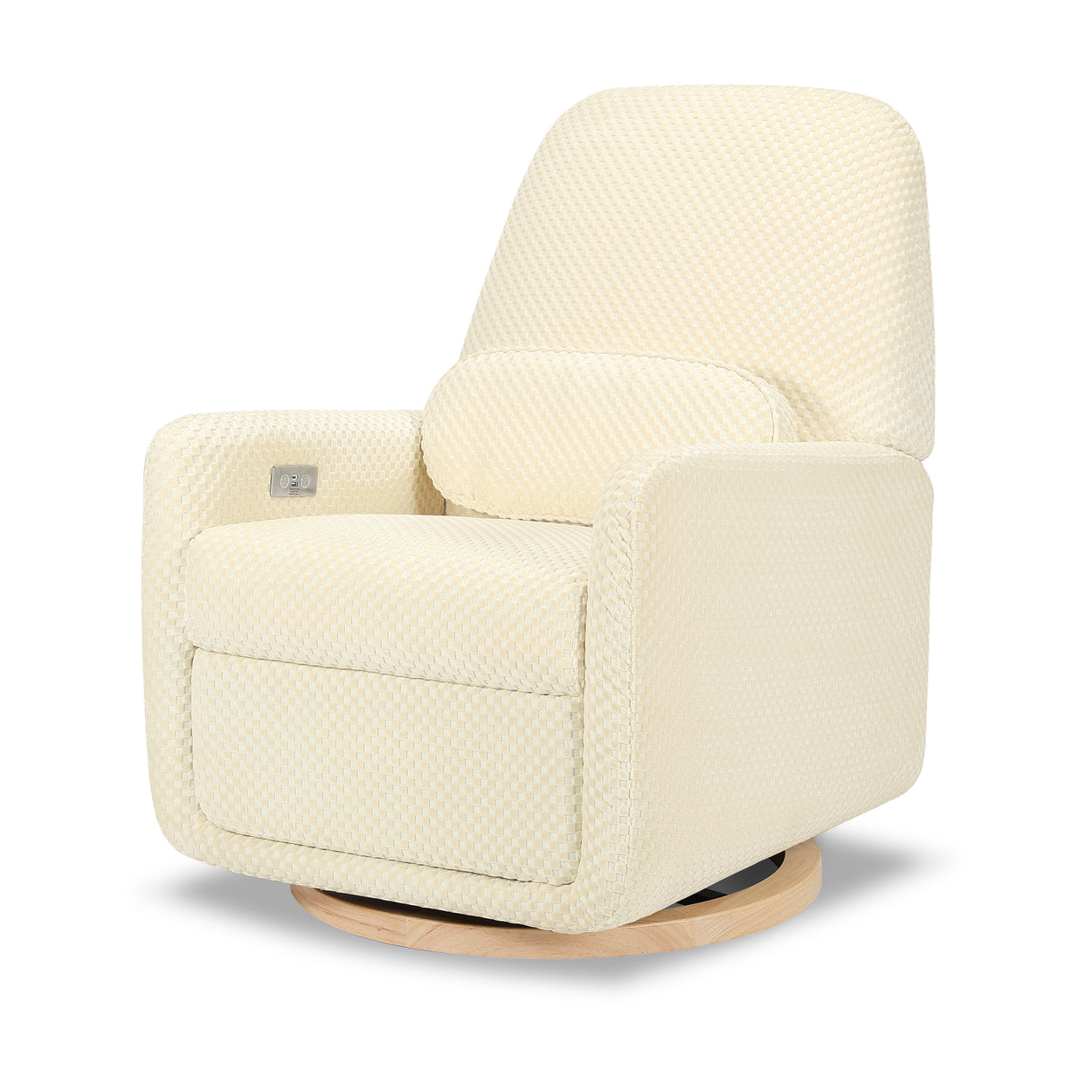 M23688IVCL,Arc Glider Recliner w/ Electronic Control and USB in Ivory Velvet Checker w/ Light Wood Base