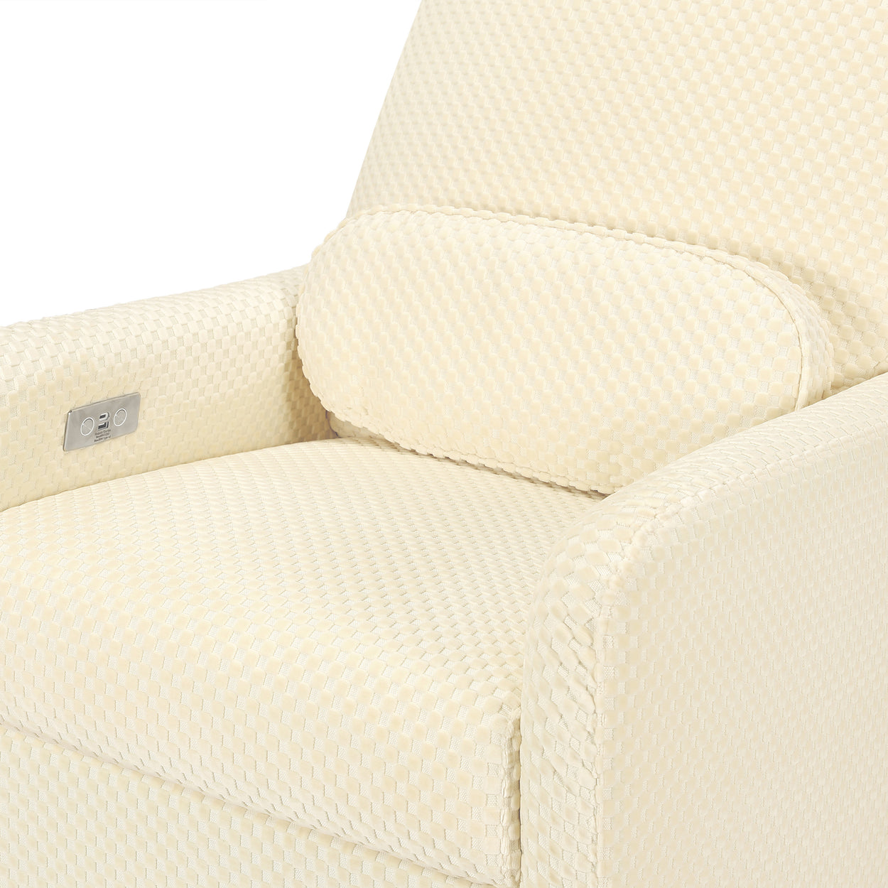 M23688IVCL,Arc Glider Recliner w/ Electronic Control and USB in Ivory Velvet Checker w/ Light Wood Base