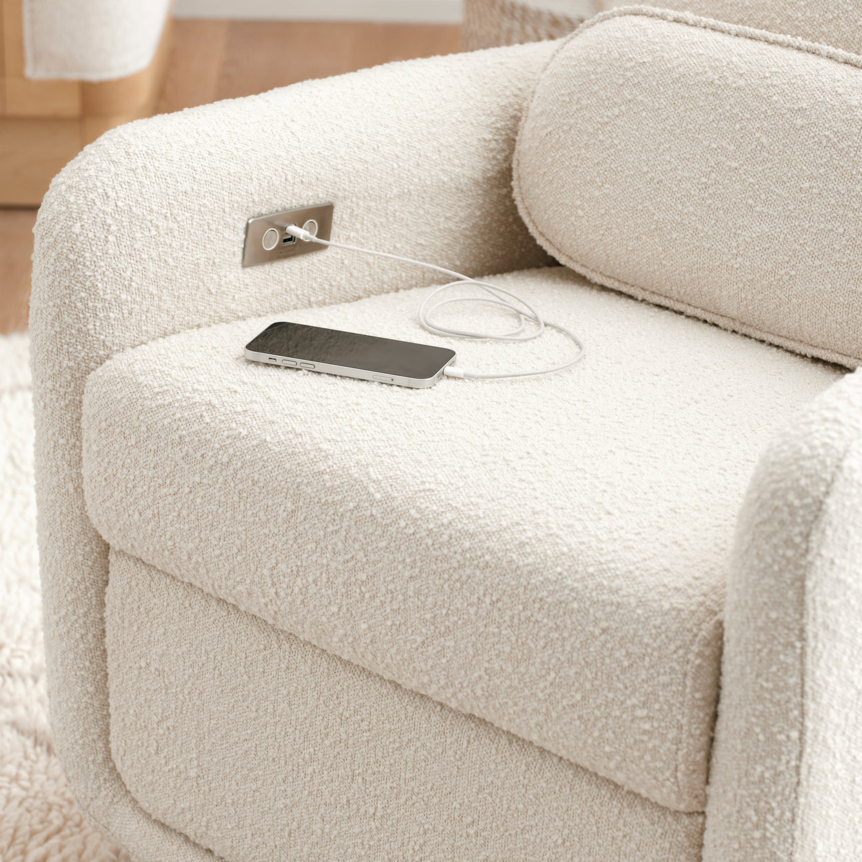 M23688WB,Arc Glider Recliner w/ Electronic Control and USB in Ivory Boucle w/ Light Wood Base